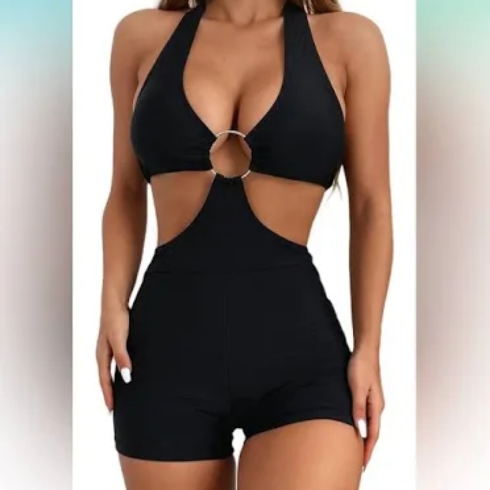 Hilinker Halter O-Rings Cut Out Boyleg One Piece Swimsuit. Size XL